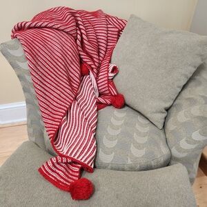 MAGNOLIA Hearth & Hand Throw Blanket Red Pom Pom Striped Knit Cozy 55 x 60